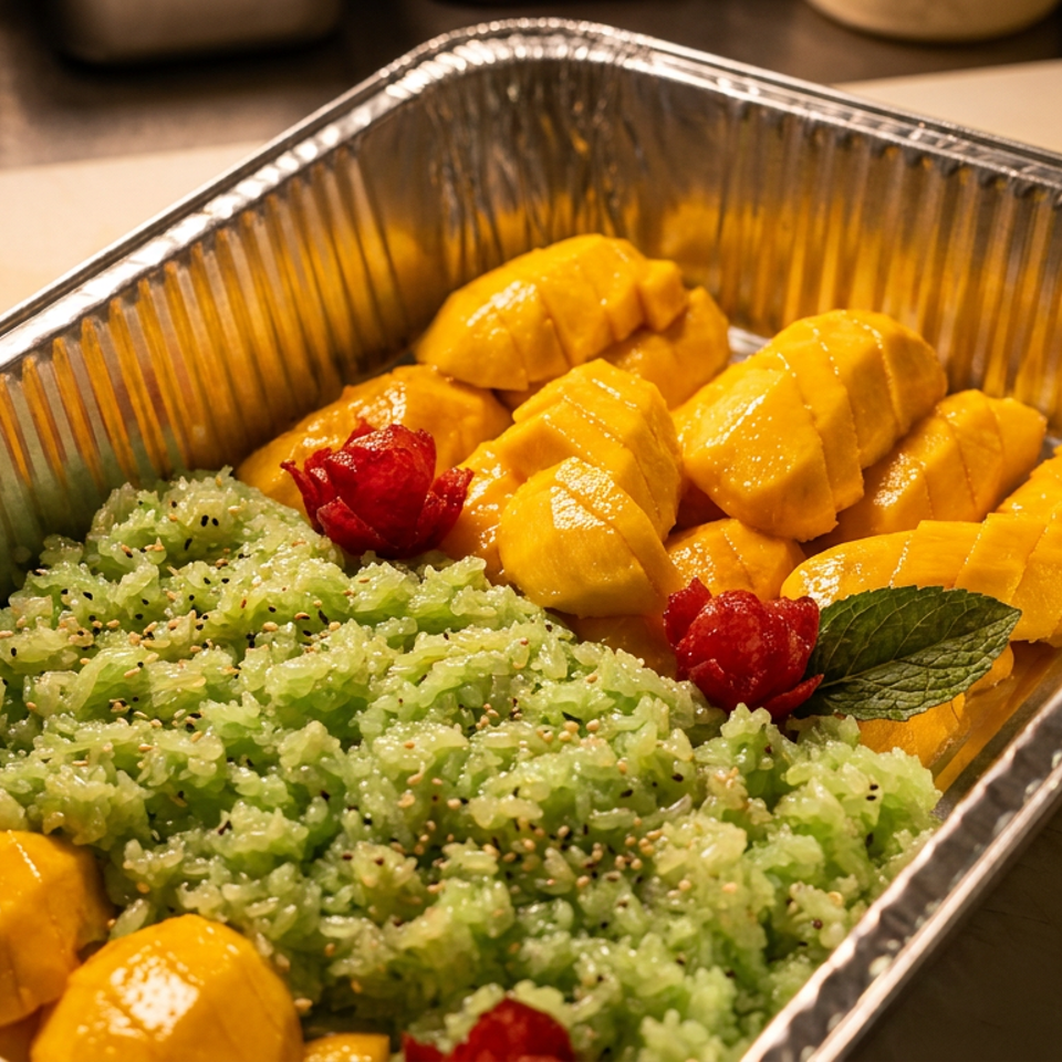 Aluminum tray holding sliced mango, green kiwi rice, mint leaves, and red edible flower garnishes.