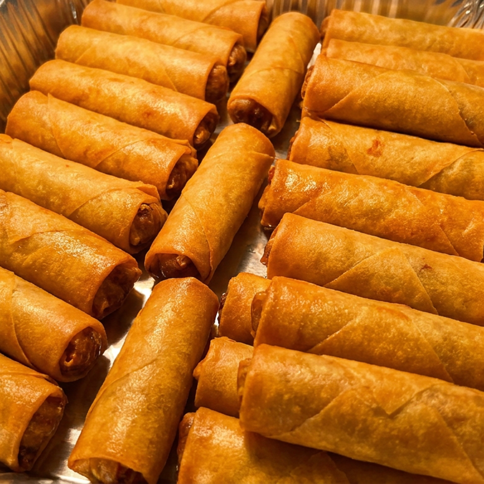 Golden-brown spring rolls arranged in a disposable aluminum tray.