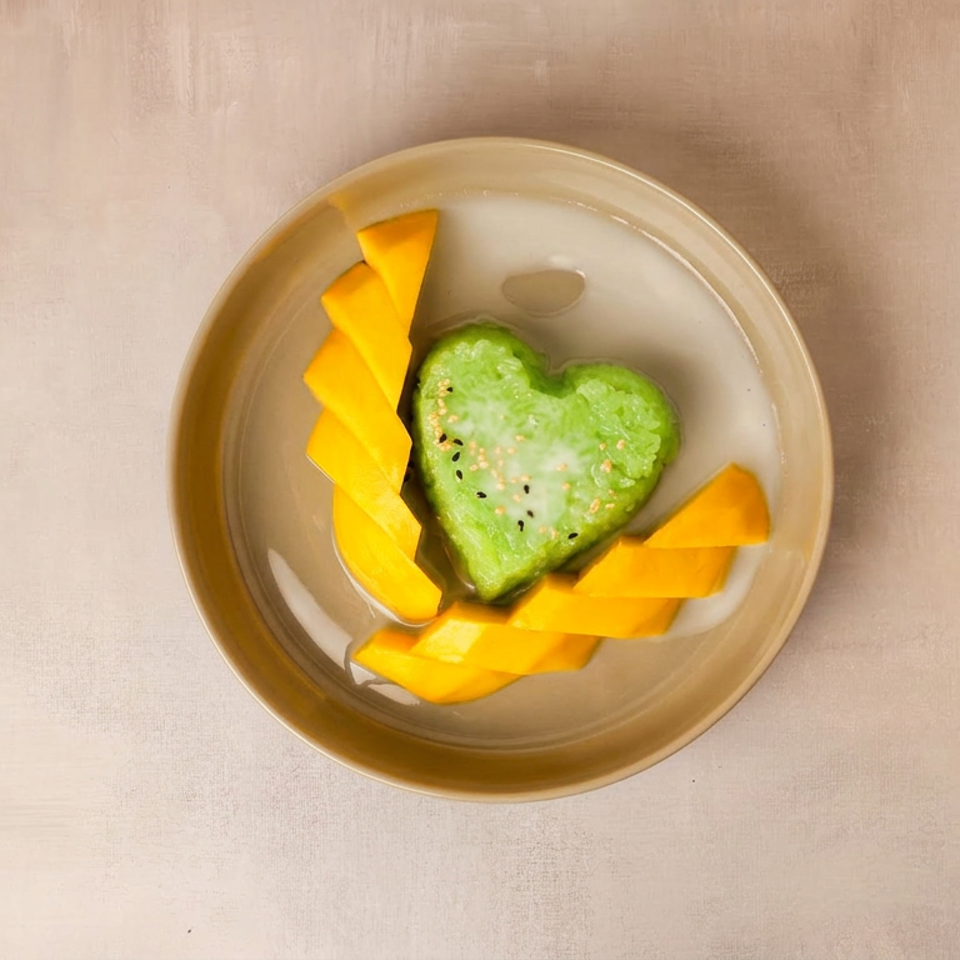 Heart-shaped avocado toast topped with sesame seeds, surrounded by sliced mango on a ceramic plate.