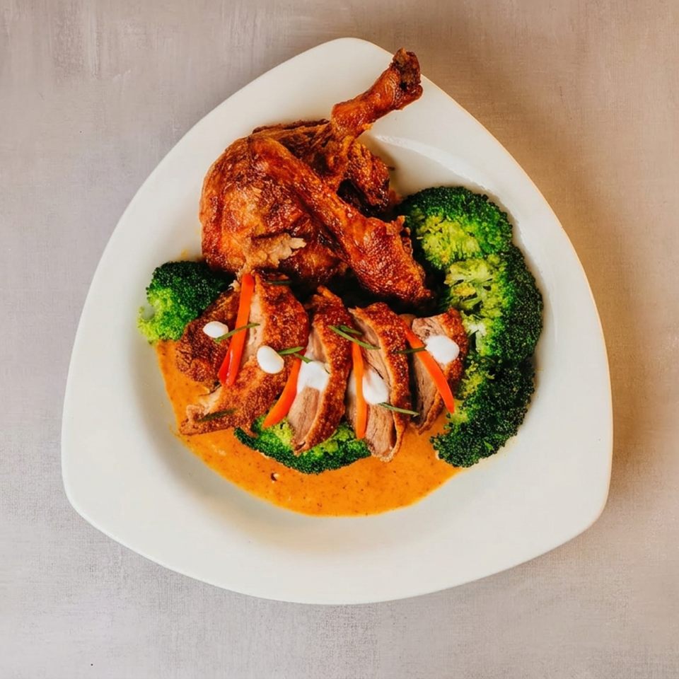 Roasted chicken with sliced meat, broccoli, carrots, and creamy orange sauce served on a white plate.