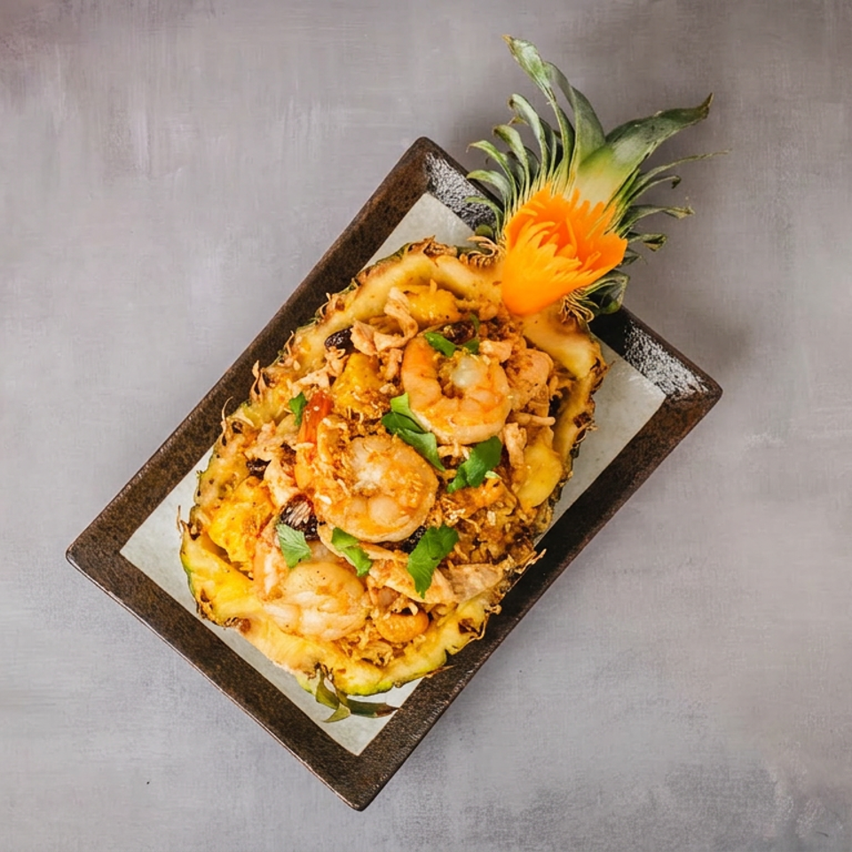Shrimp-topped fried rice served in a carved pineapple on a rectangular platter, garnished with herbs and pineapple leaves.