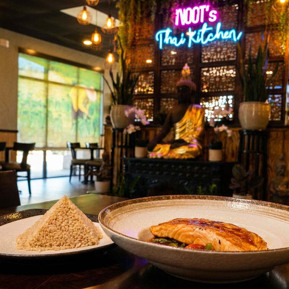 Glazed salmon and a crispy rice pyramid sit on plates inside Noot’s Thai Kitchen, with a Buddha statue and warm lighting.