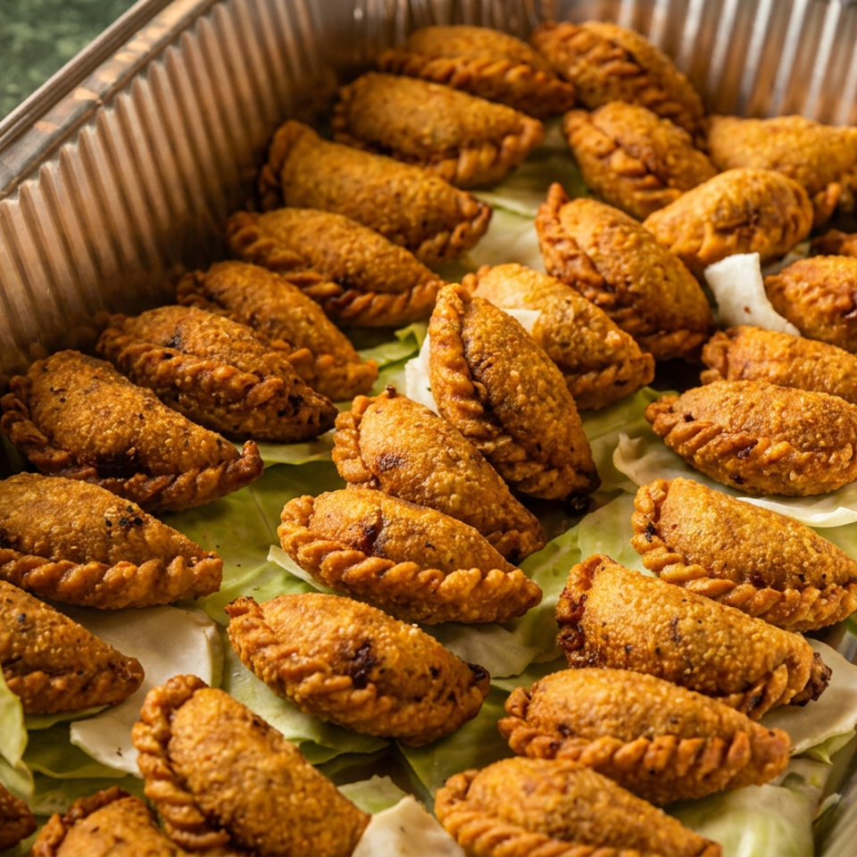 Tray of golden-brown fried savory pastries arranged on cabbage leaves.