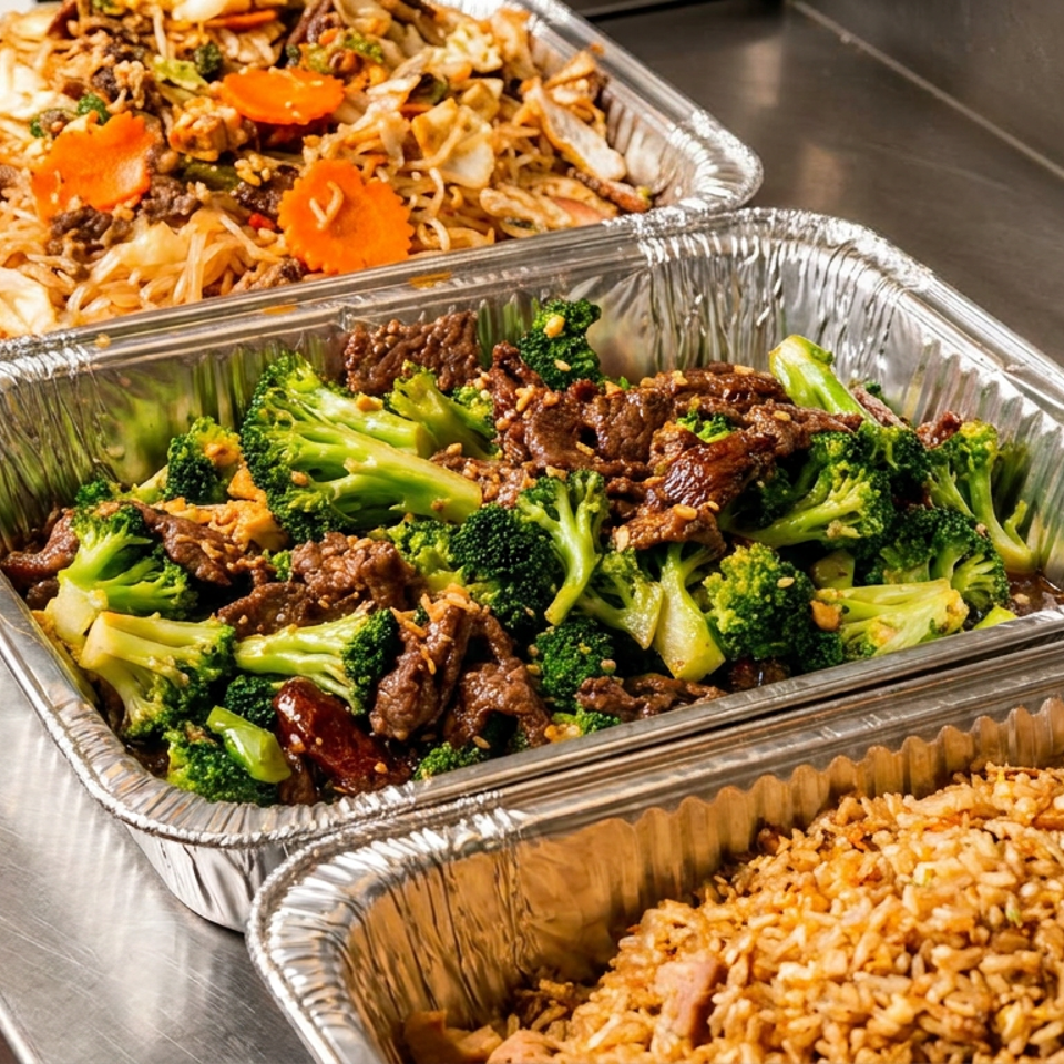 Aluminum party trays hold stir-fried noodles with vegetables, beef and broccoli, and seasoned rice on a stainless-steel counter.
