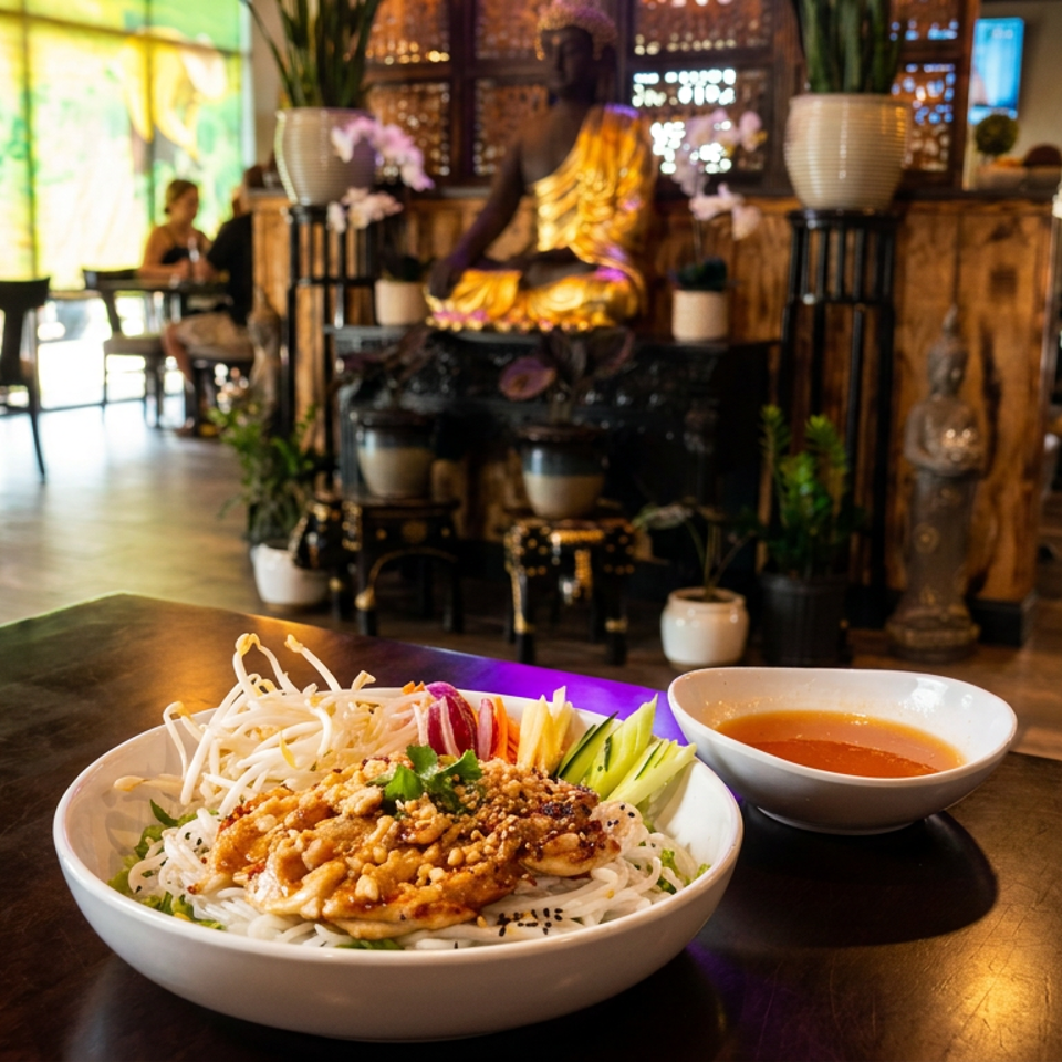 Vietnamese noodle bowl topped with grilled meat, vegetables, peanuts, and herbs, served with dipping sauce in a warmly decorated restaurant.