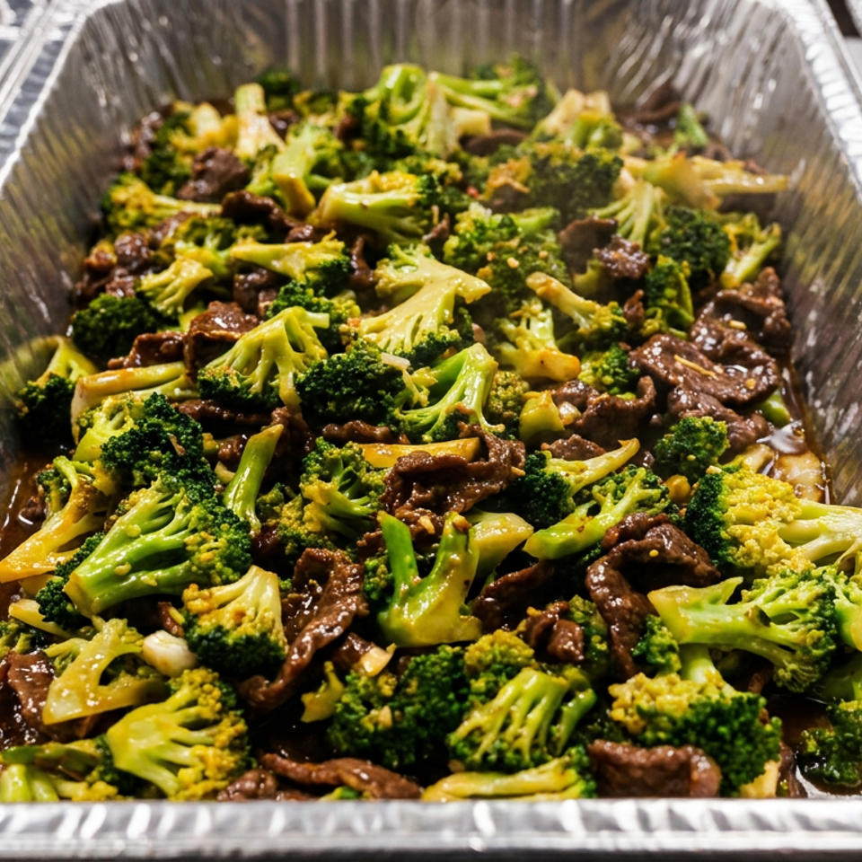 Tray of beef and broccoli stir-fry beside spring rolls and fried rice in a buffet setting.