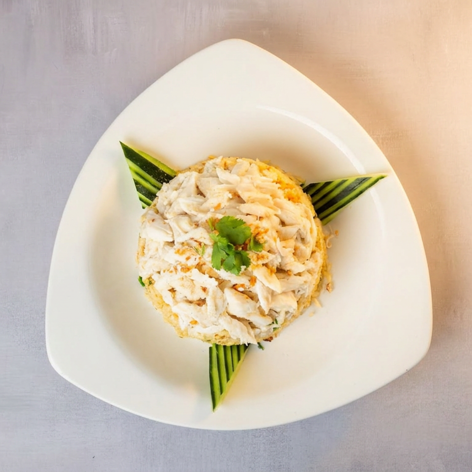 White crab cake topped with shredded crab, cilantro, and yellow sauce on a decorative white plate.