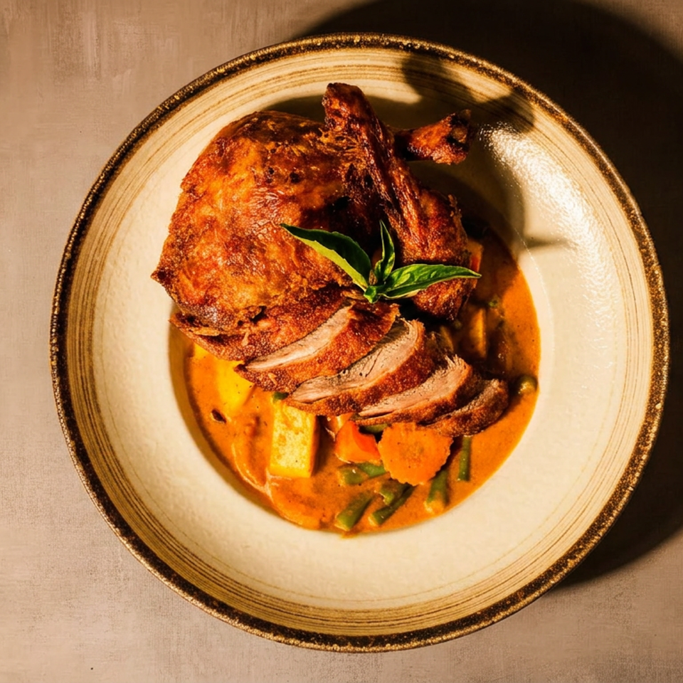 Roasted chicken sliced over vegetables in a rich orange sauce, garnished with fresh basil on a ceramic plate.