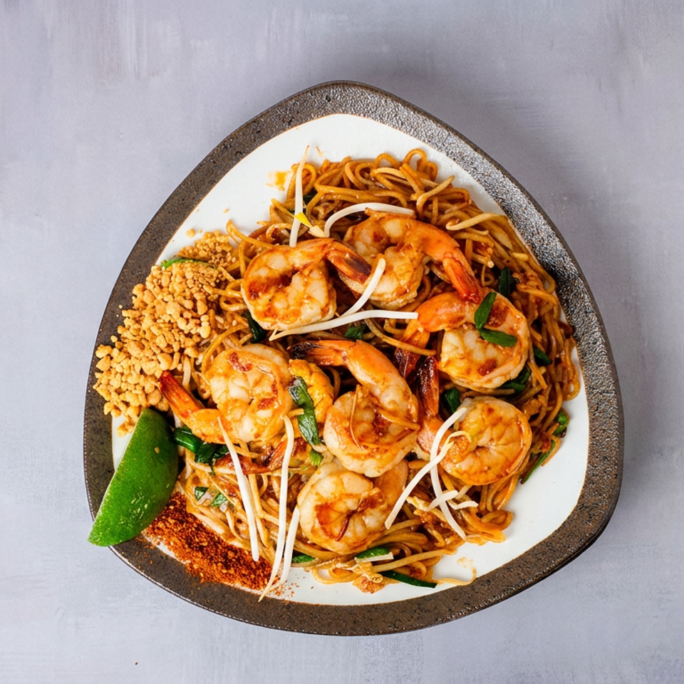Plate of stir-fried noodles topped with shrimp, bean sprouts, herbs, crushed peanuts, and a lime wedge.