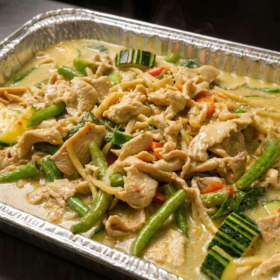 Tray of creamy chicken curry with green beans, zucchini, peppers, and bamboo shoots.