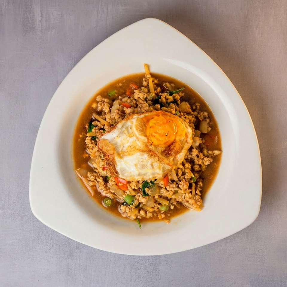 Thai-style minced meat and vegetables in brown sauce, topped with a fried egg, served on a white plate.